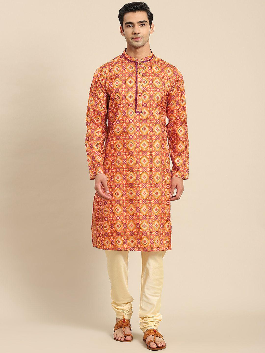 kisah men orange printed kurta with churidar