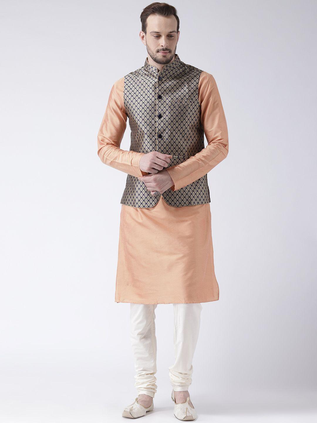 kisah men peach & navy solid banarasi kurta with churidar & nehru jacket