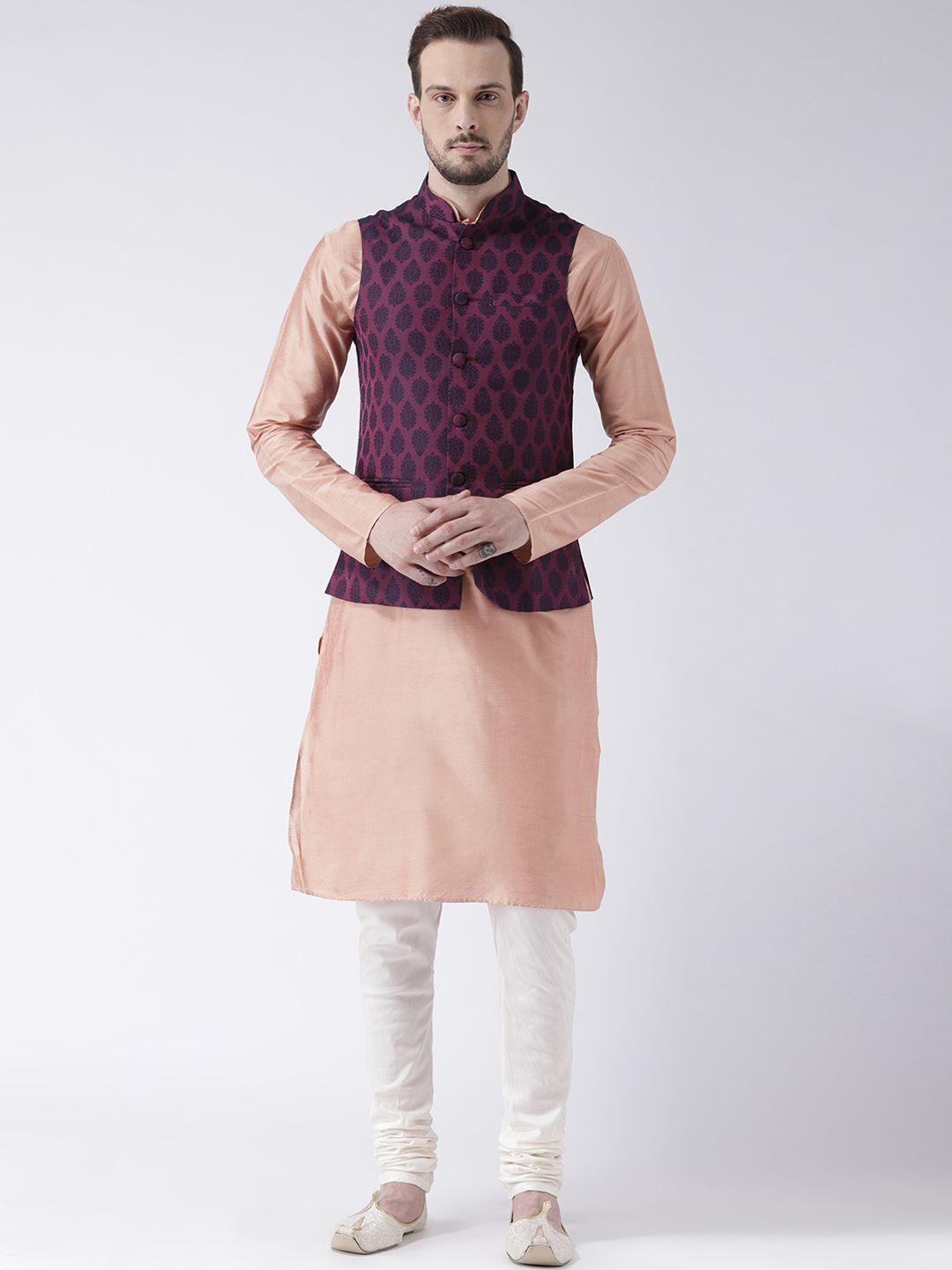 kisah men peach & purple solid banarasi kurta with churidar & nehru jacket