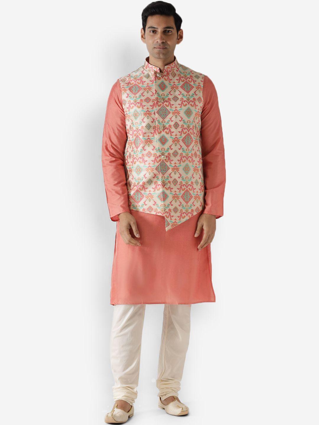 kisah men peach-coloured & off-white kurta with churidar & nehru jacket