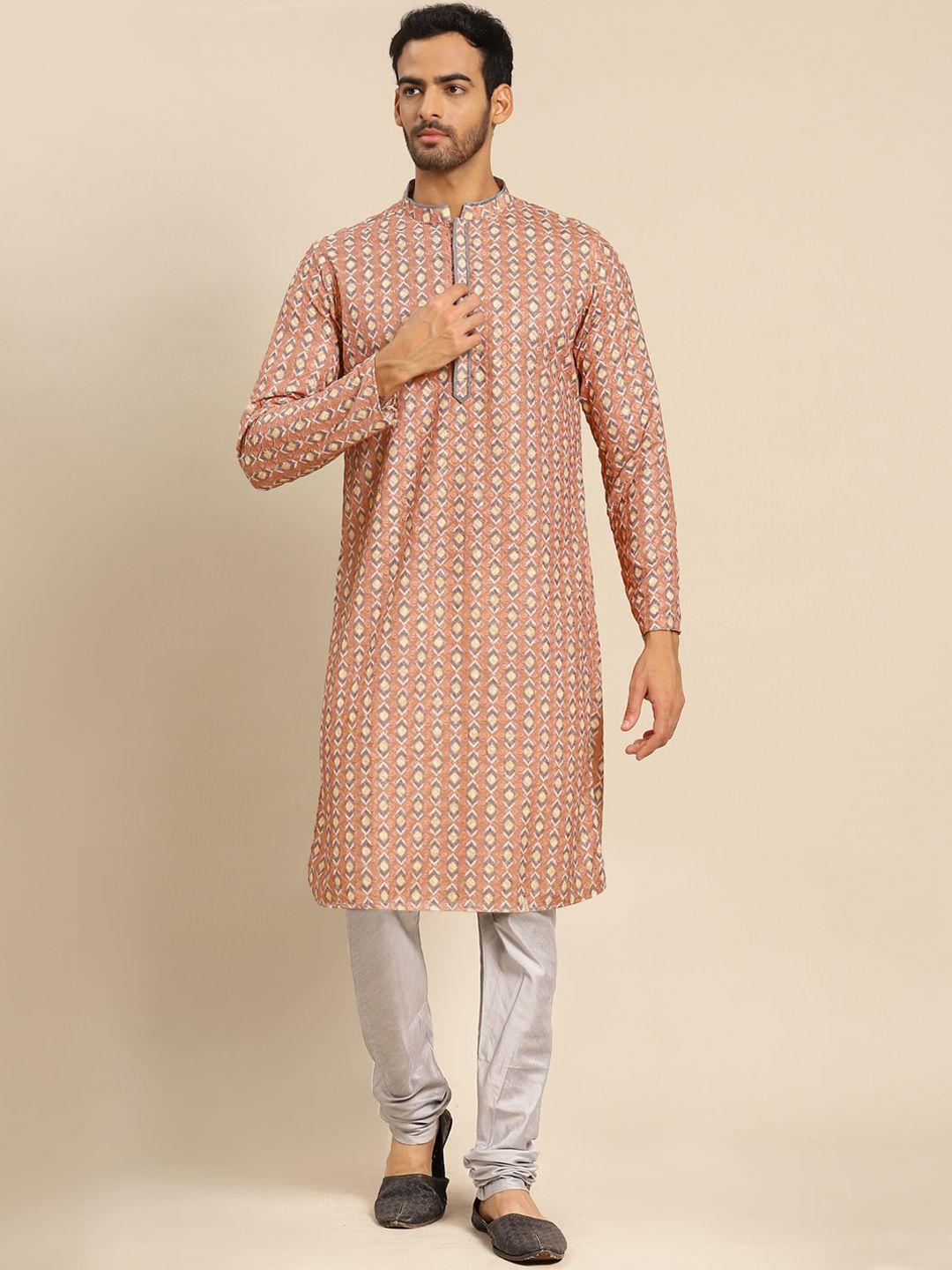 kisah men peach-coloured embroidered kurta with pyjamas