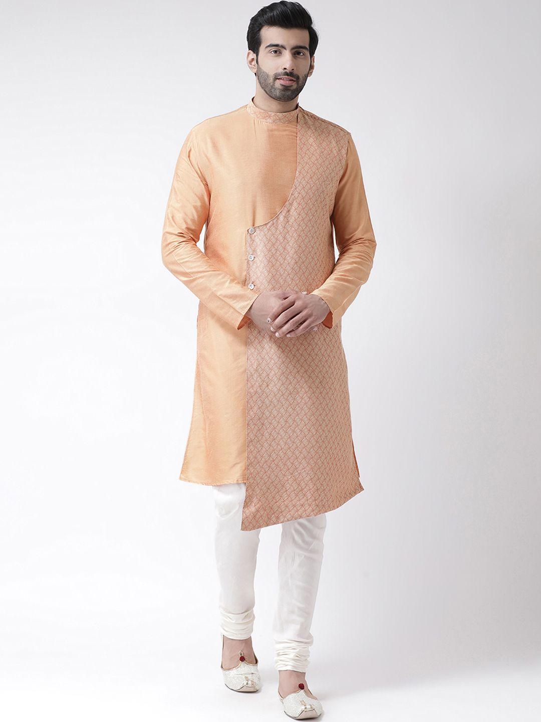 kisah men peach-coloured printed straight kurta