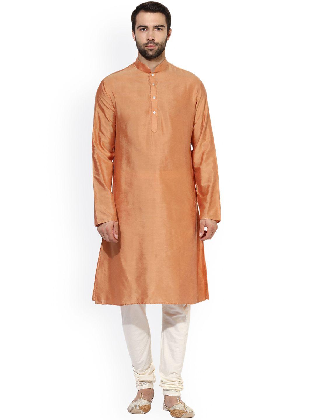 kisah men peach-coloured solid straight kurta