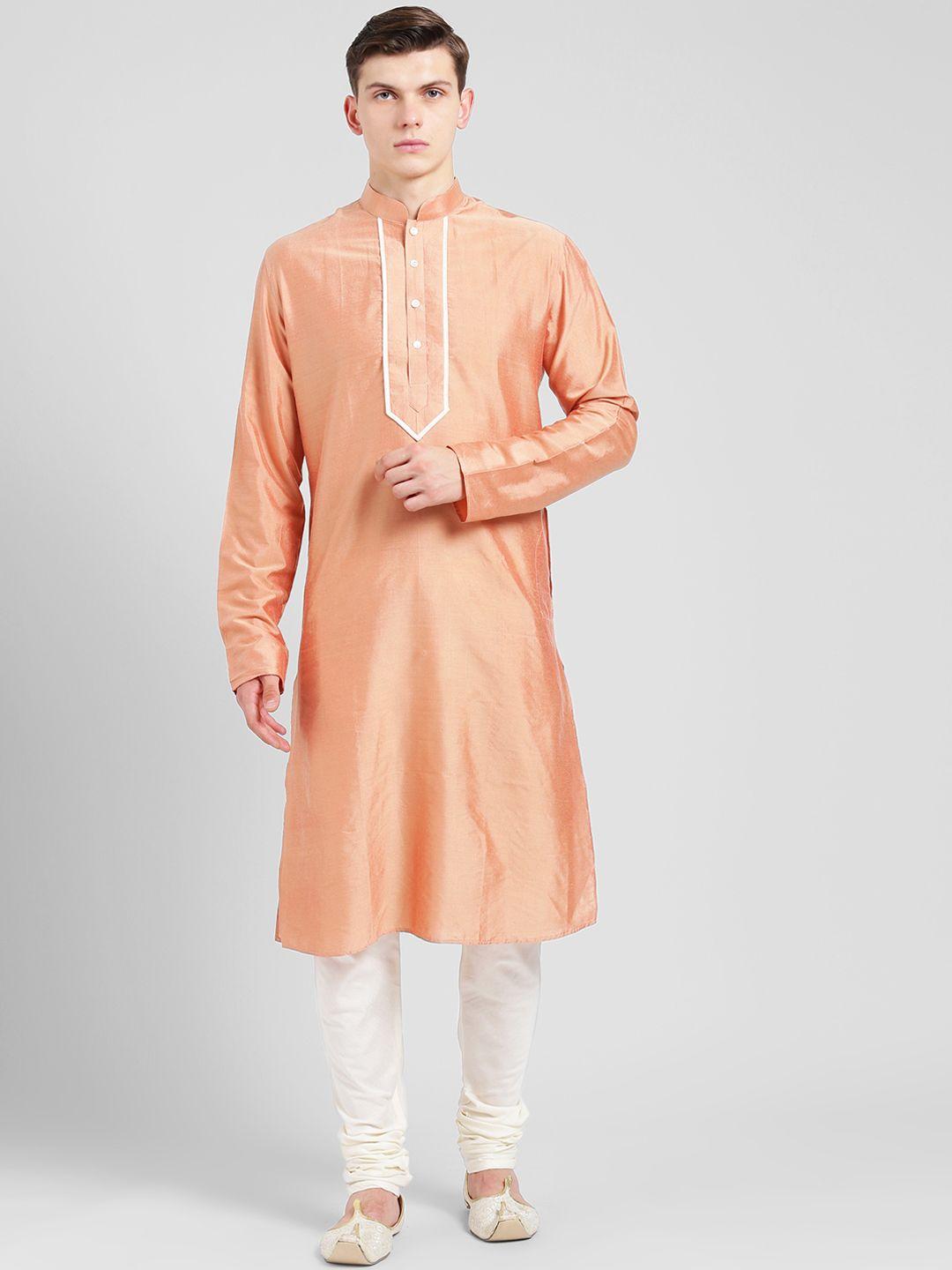 kisah men peach-coloured solid straight kurta