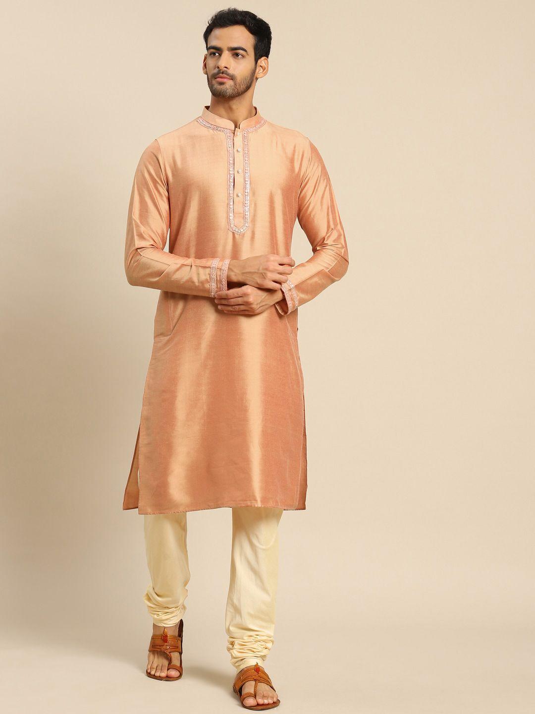 kisah men peach-coloured thread work straight kurta