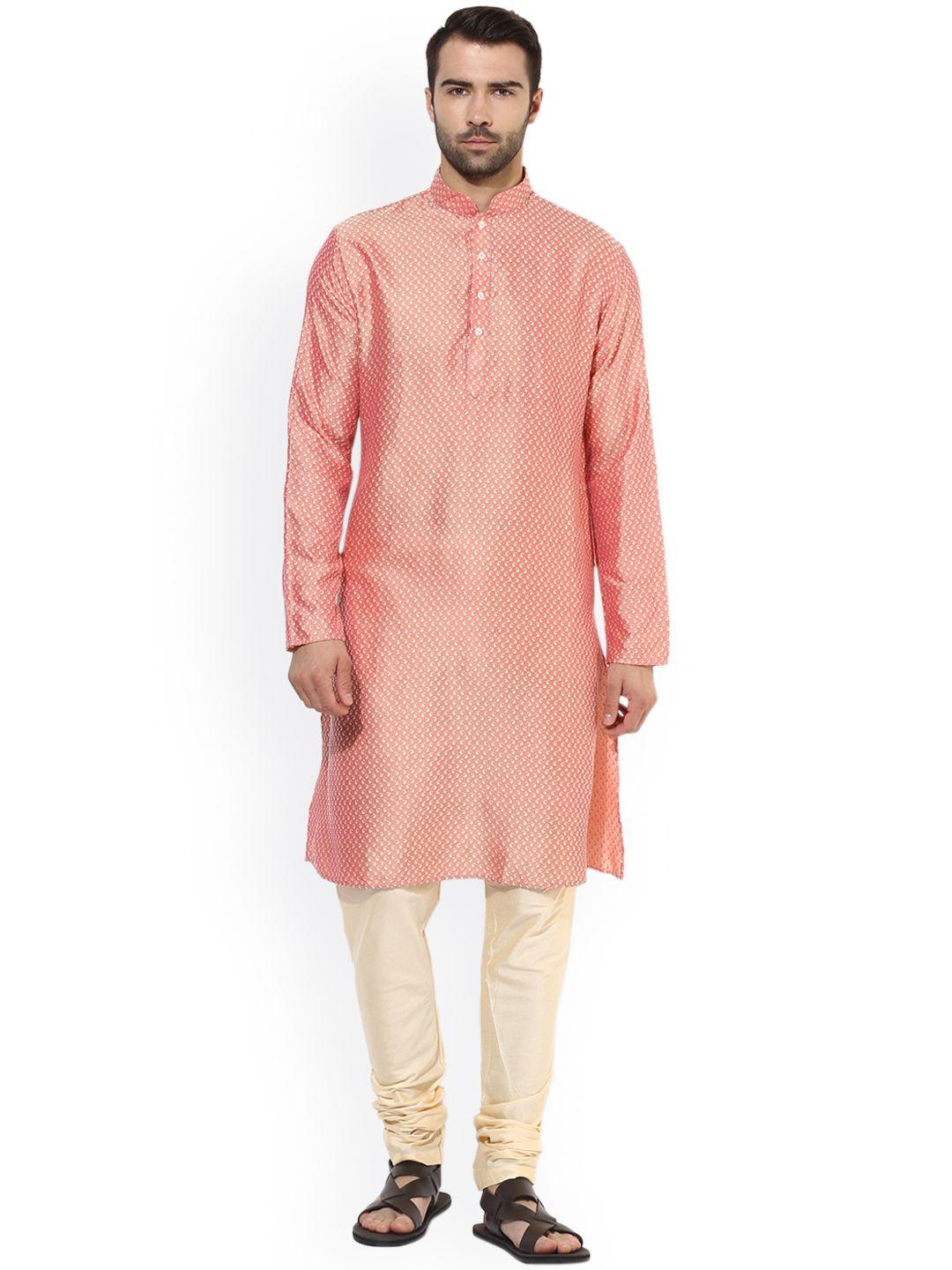 kisah men pink & beige jacquard kurta with churidar