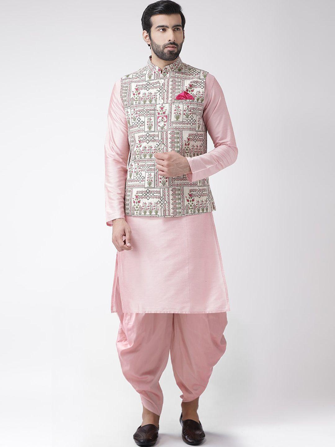 kisah men pink & off-white kurta with dhoti pants & nehru jacket