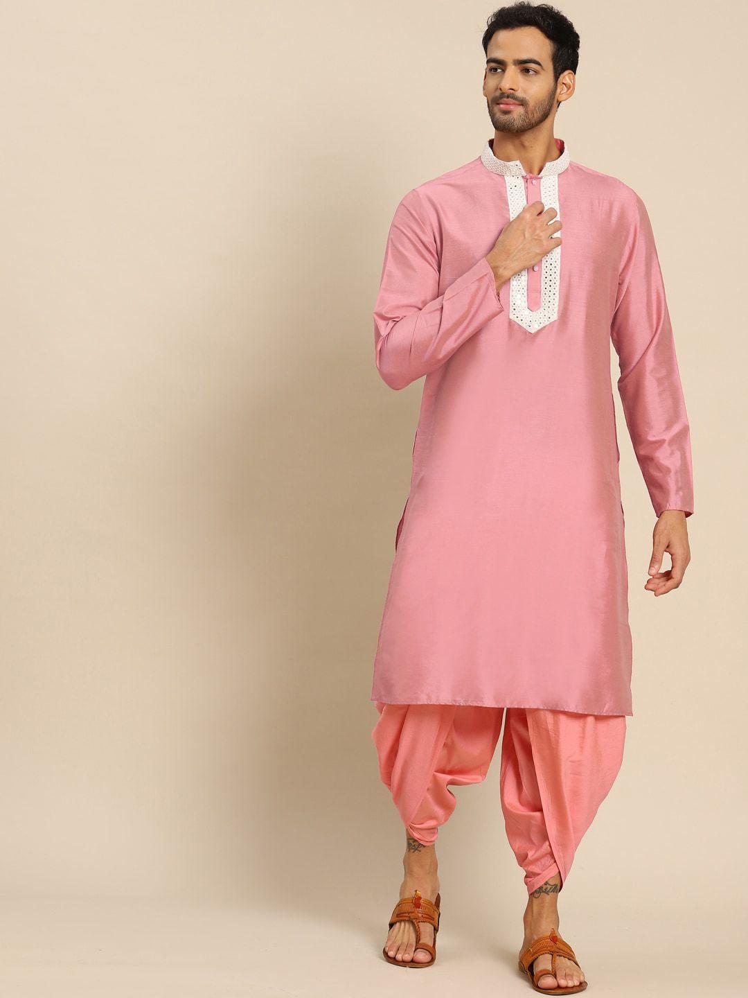 kisah men pink & white embellished thread work straight kurta