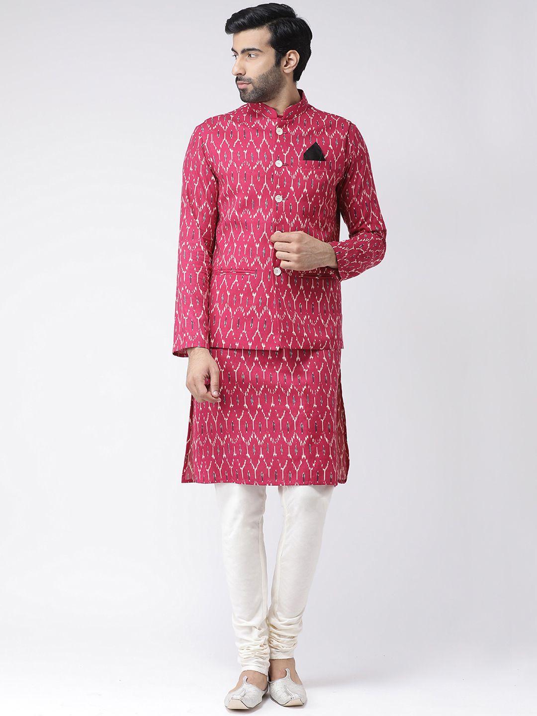 kisah men pink & white printed kurta with churidar