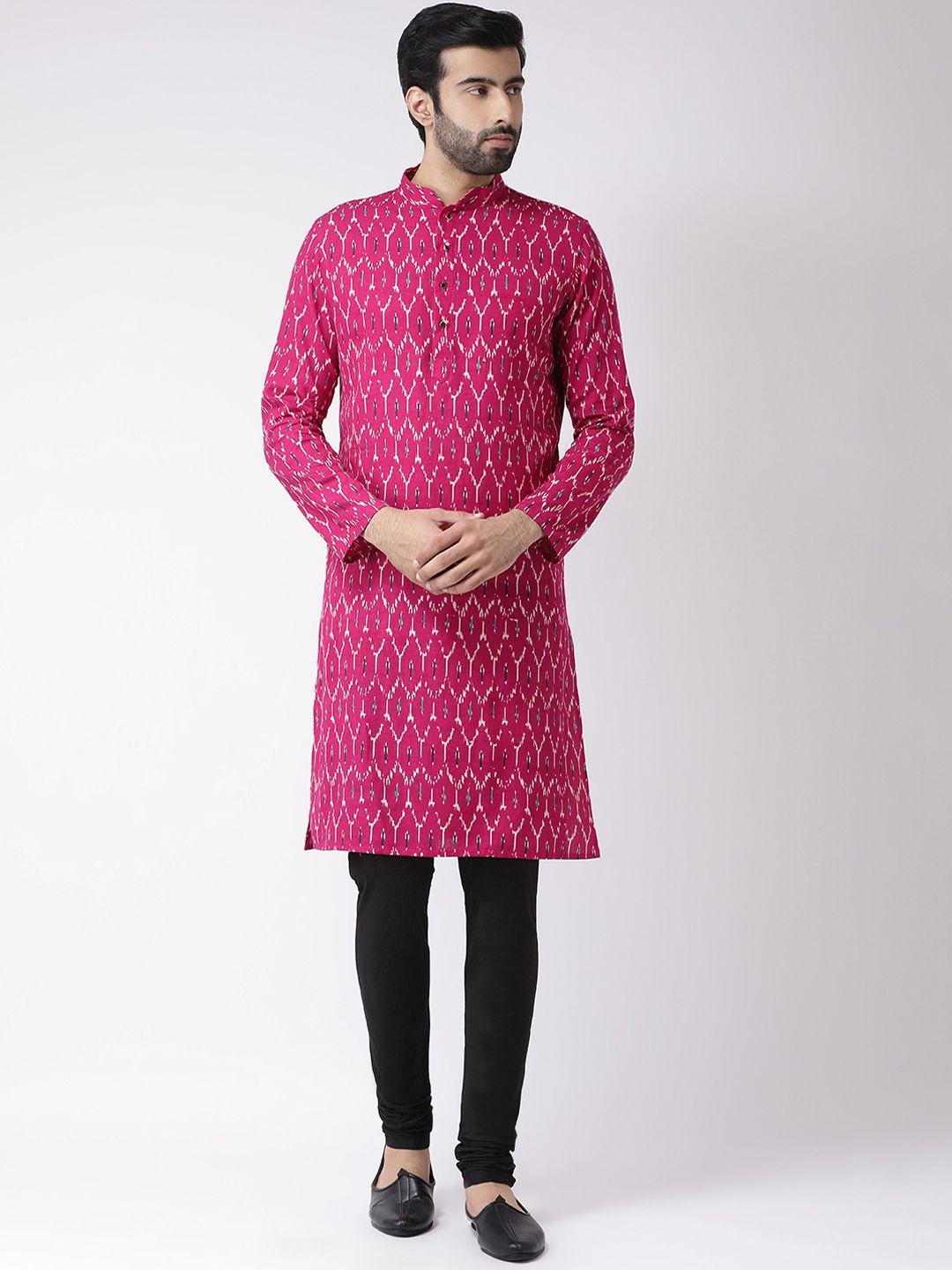 kisah men pink & white printed kurta with churidar