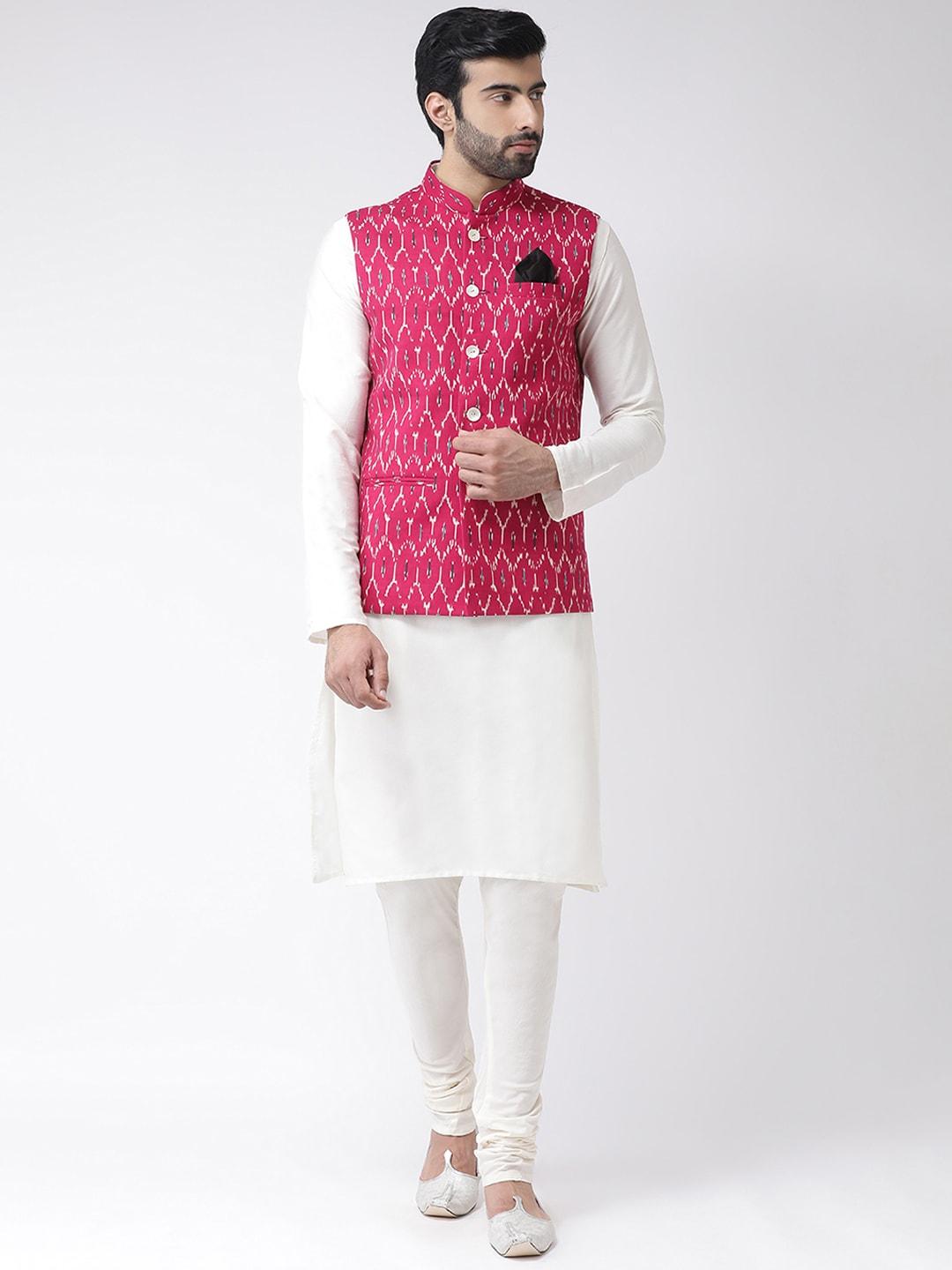 kisah men pink & white printed kurta with churidar