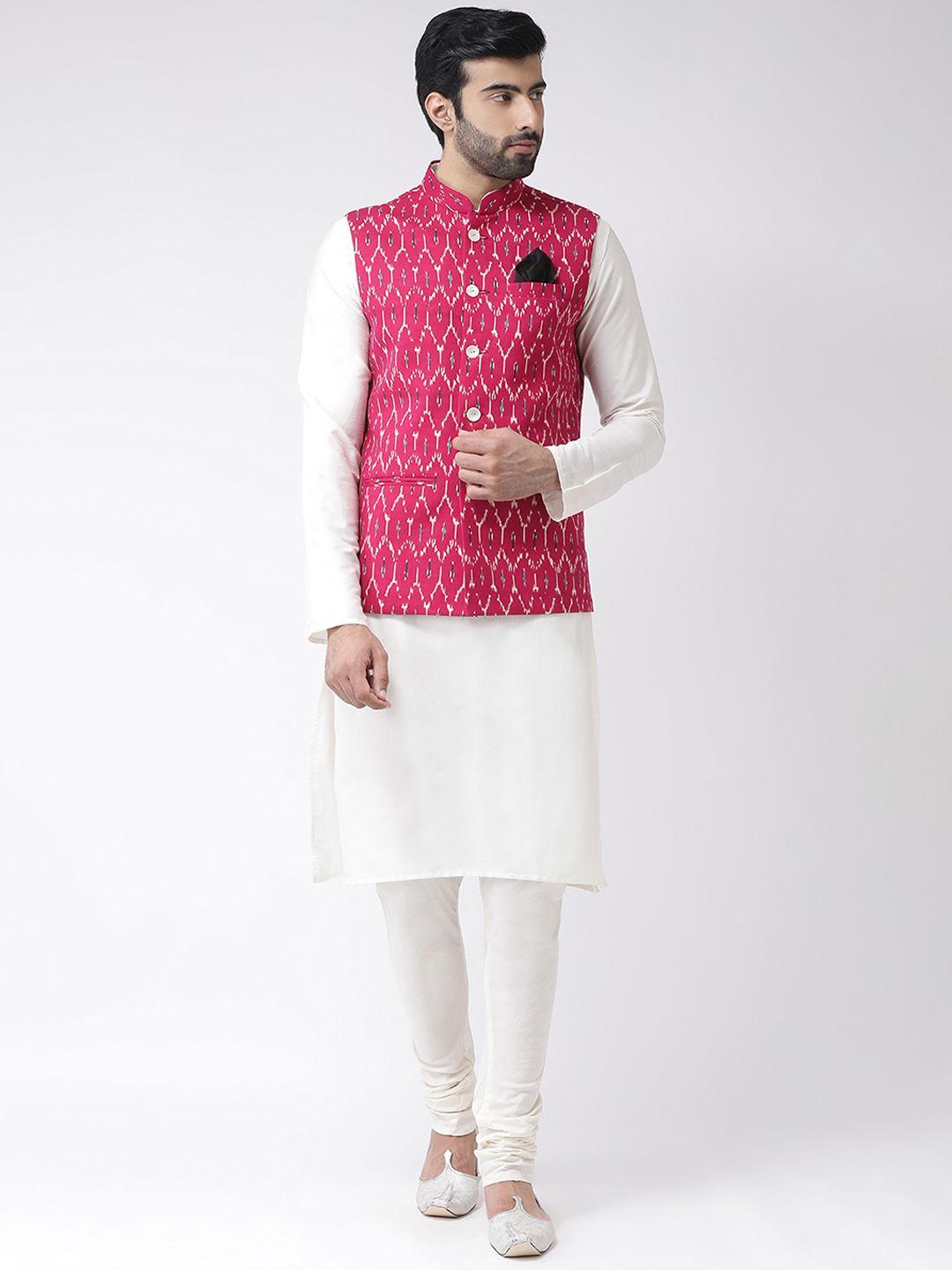 kisah men pink & white printed kurta with churidar