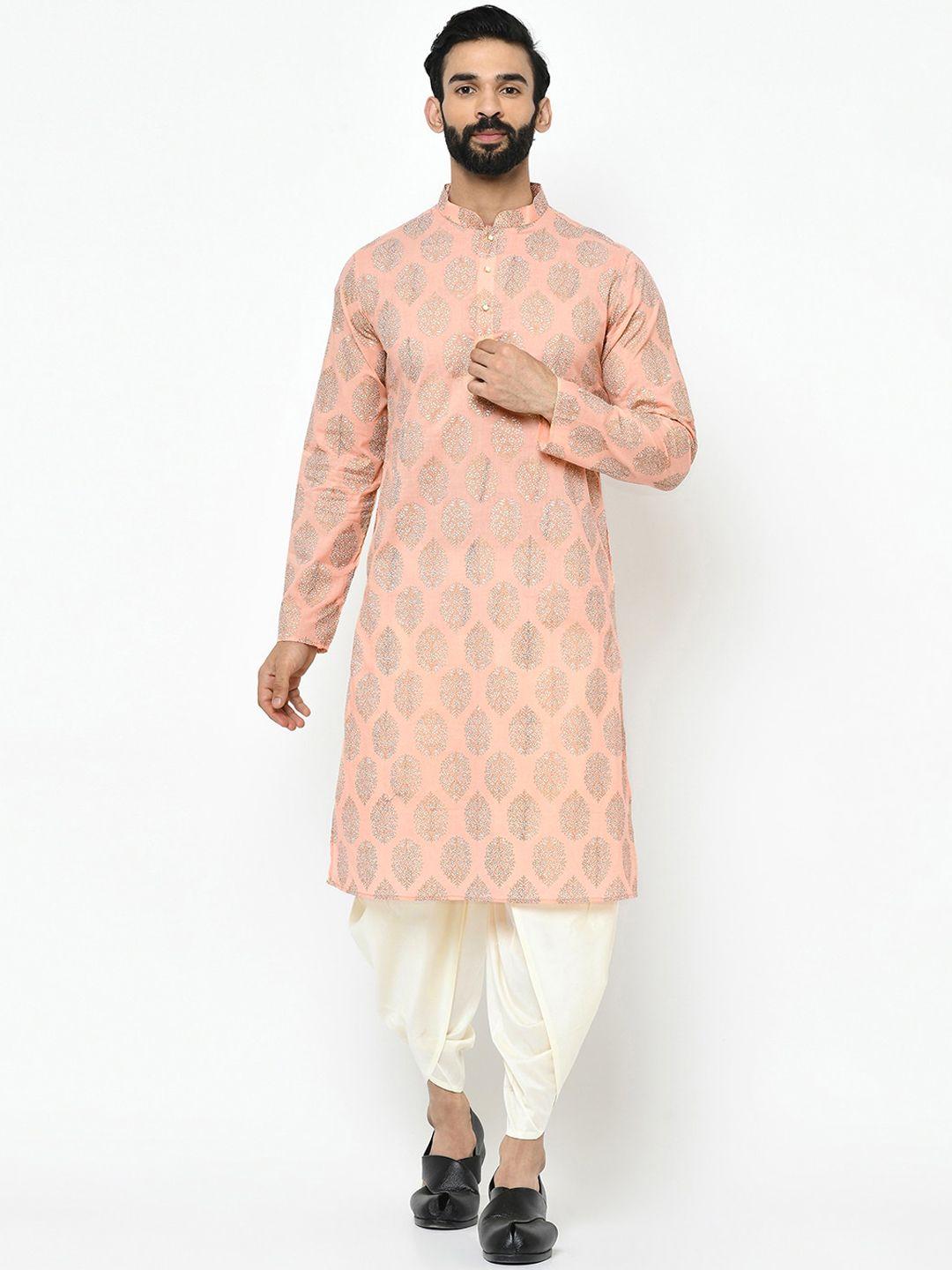 kisah men pink & white printed kurta with dhoti pants