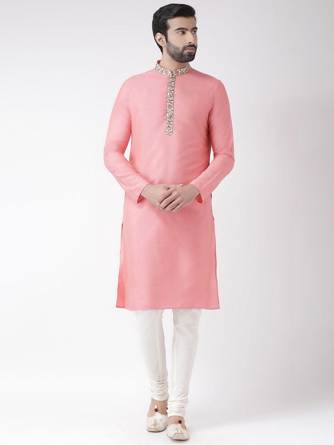 kisah men pink & white yoke design kurta with churidar