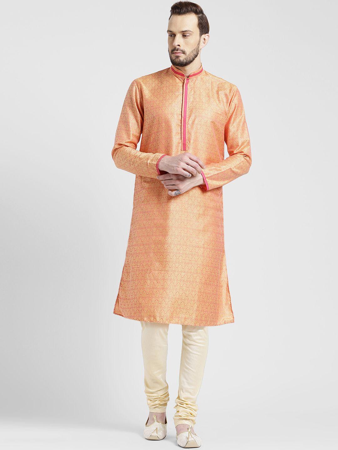 kisah men pink & yellow printed straight kurta