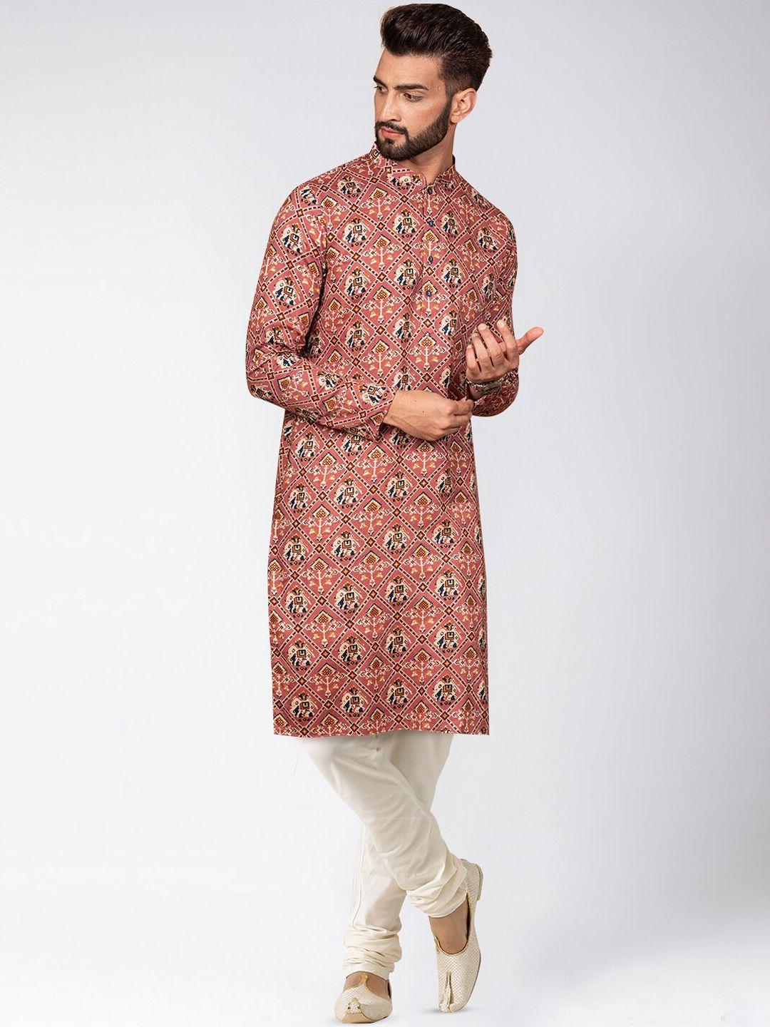 kisah men pink ethnic motifs printed regular kurta with churidar