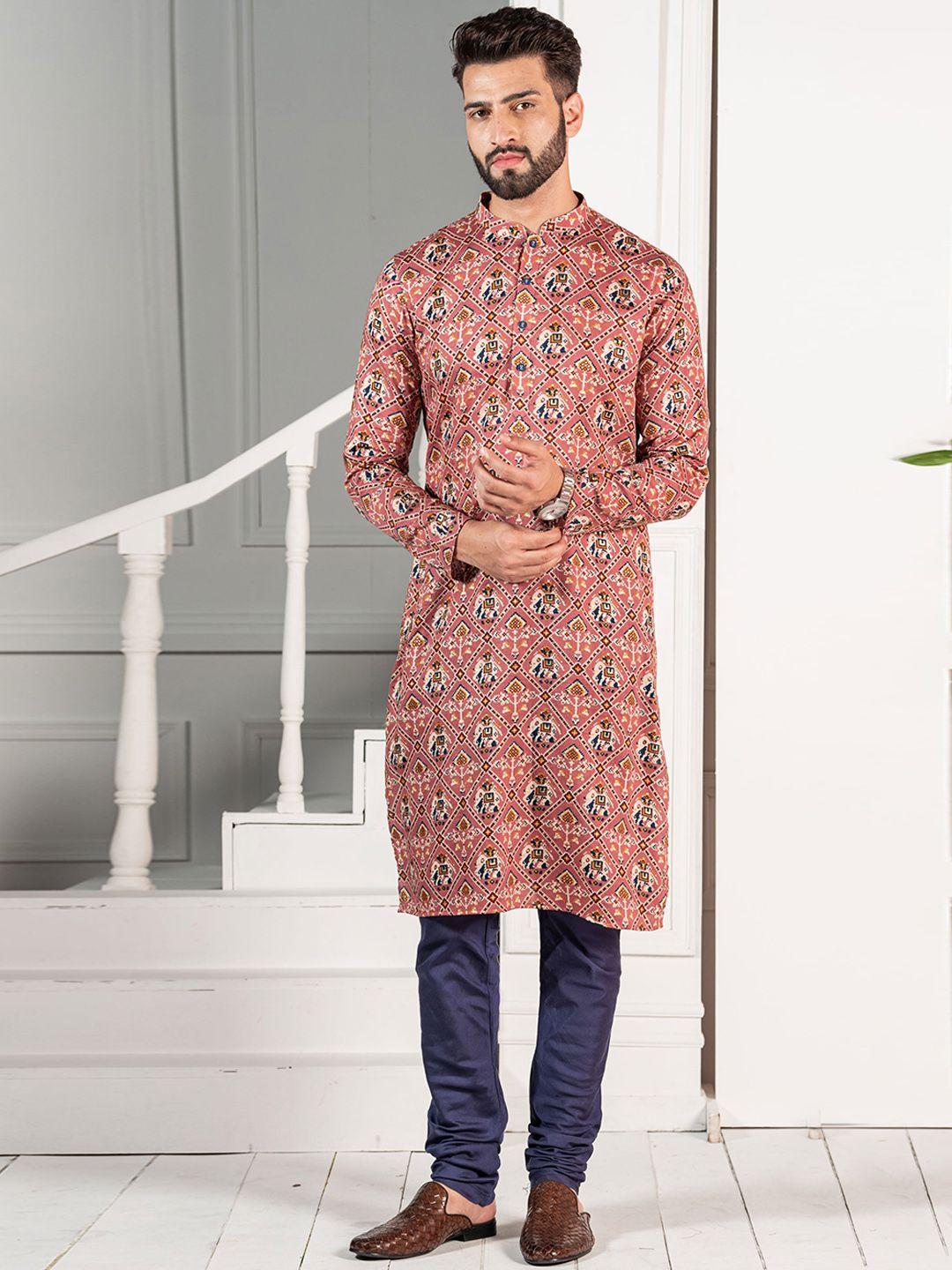 kisah men pink printed mandarin collar straight kurta