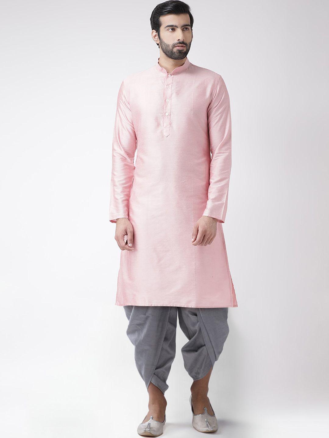 kisah men pink solid kurta with dhoti pants with nehru jacket