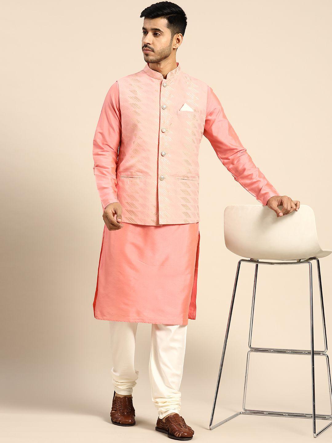 kisah men pink solid pure cotton kurta with churidar