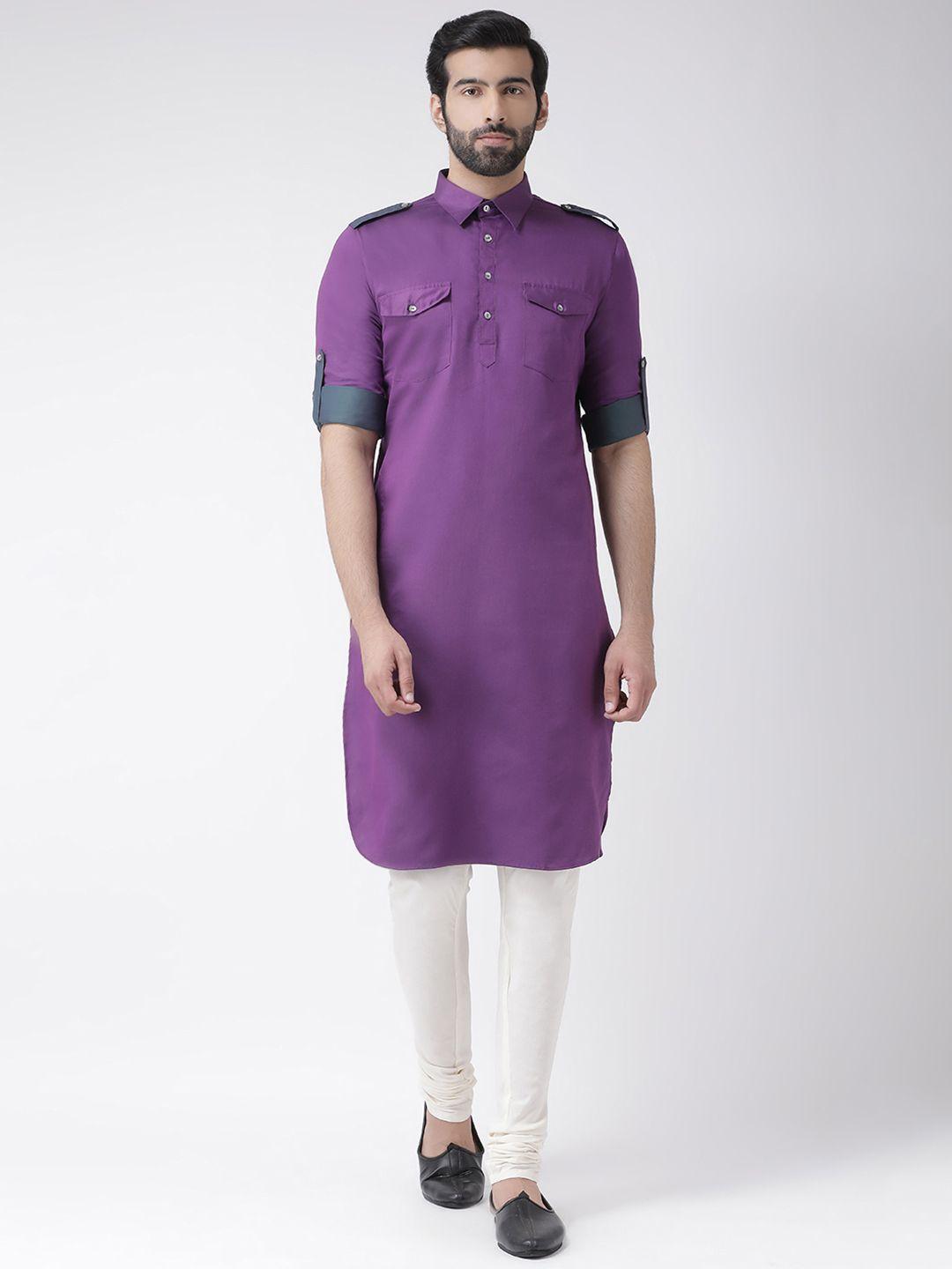kisah men purple & beige solid kurta with churidar