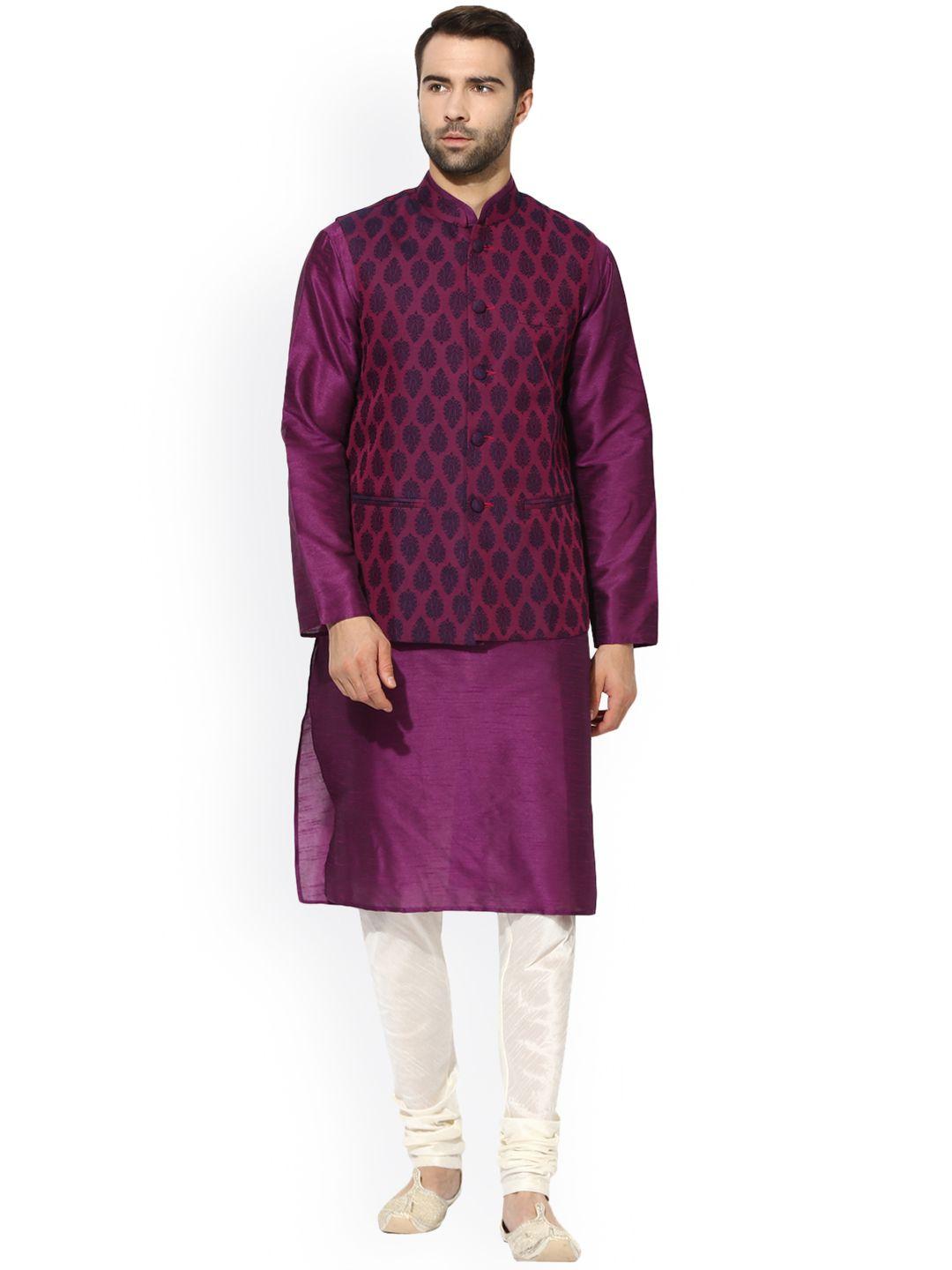 kisah men purple & off-white solid kurta churidar with nehru jacket