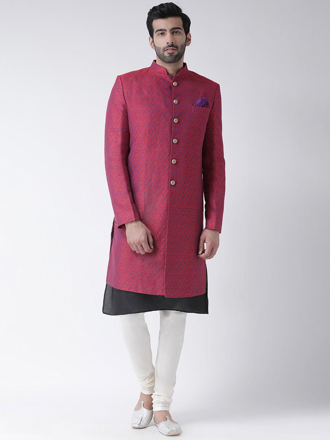 kisah men purple & red sherwani churidar set