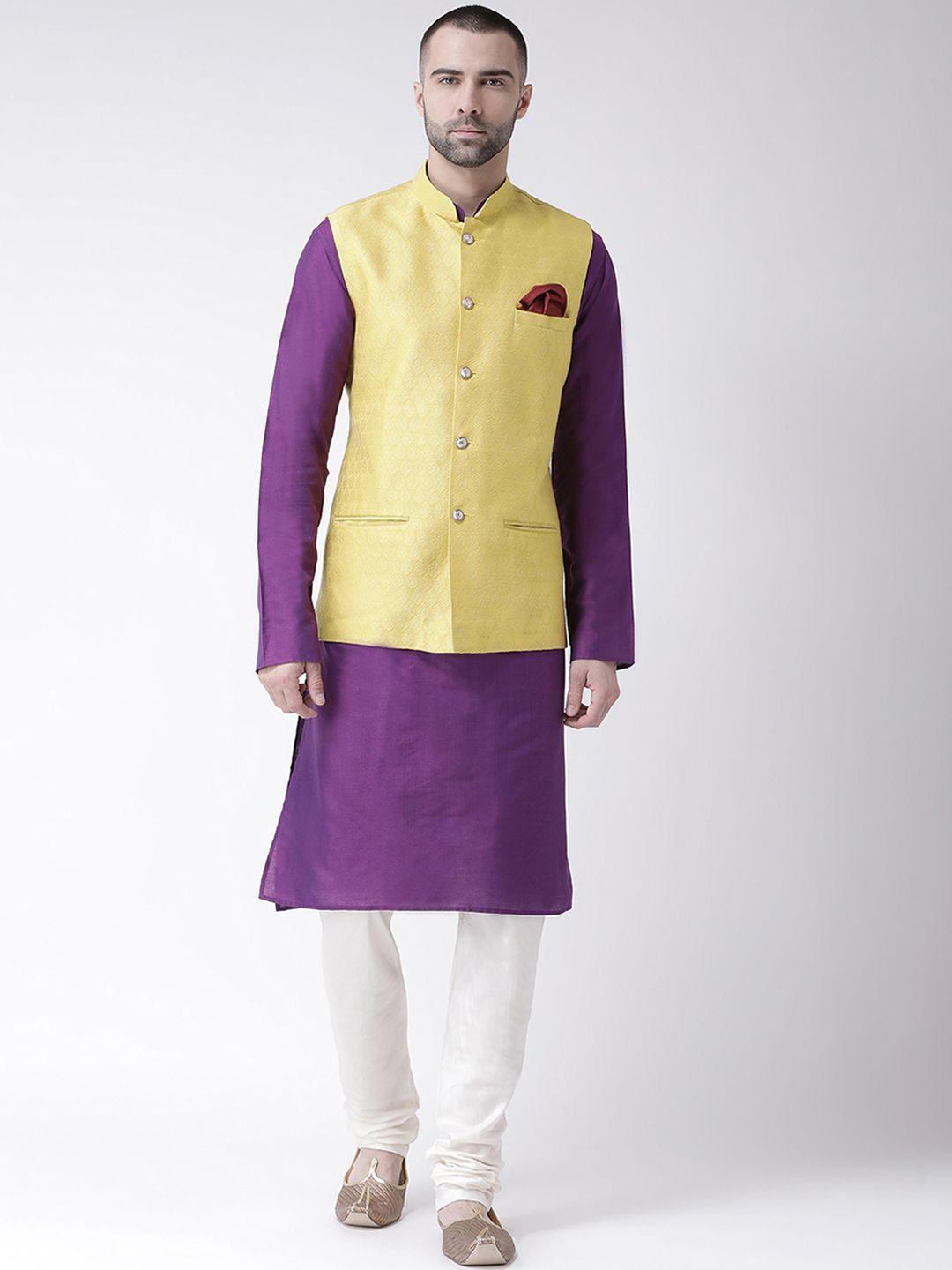 kisah men purple & white solid churidar kurta with nehru jacket