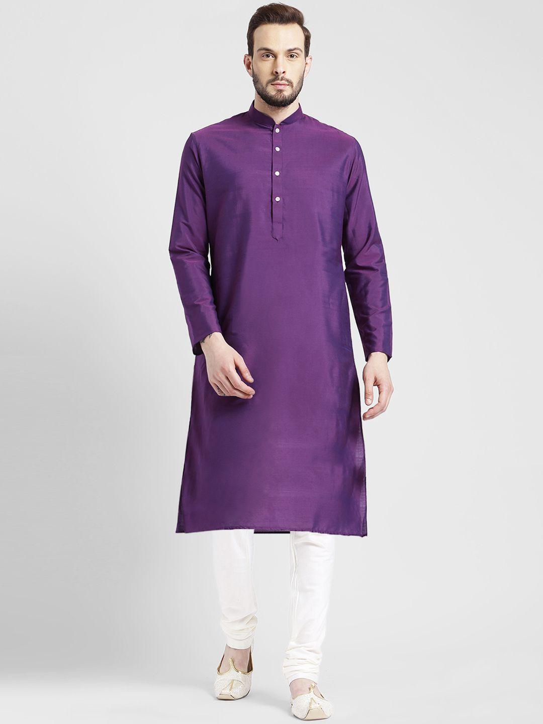 kisah men purple & white solid kurta with churidar