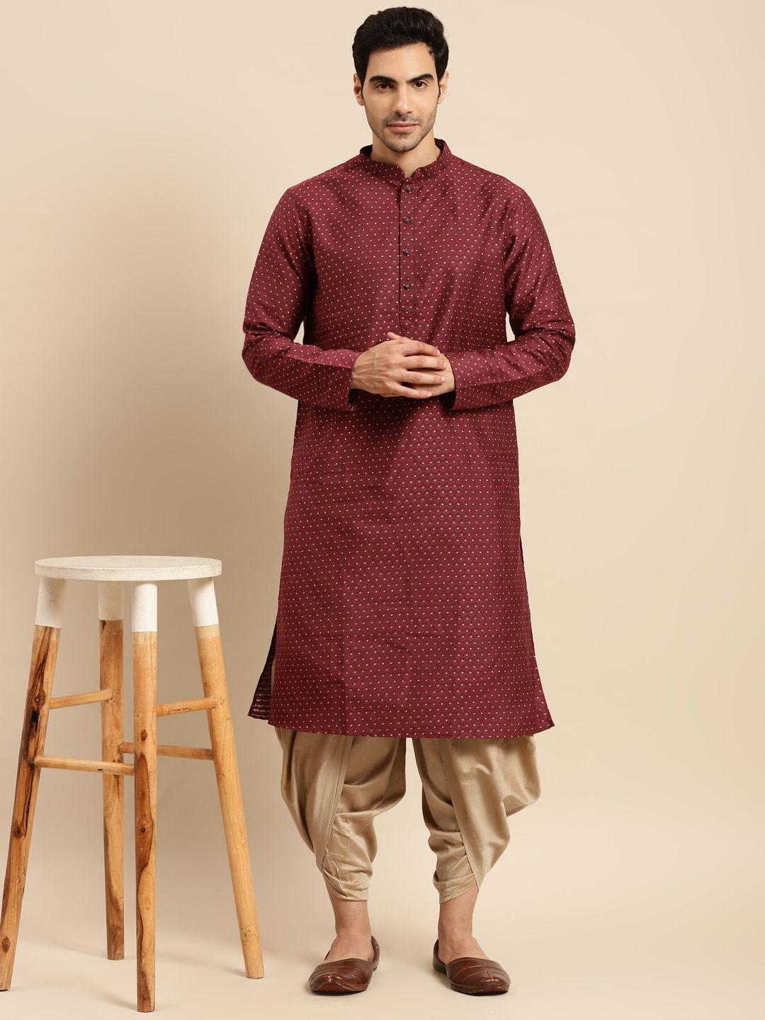 kisah men red & beige ethnic motifs kurta with dhoti pants