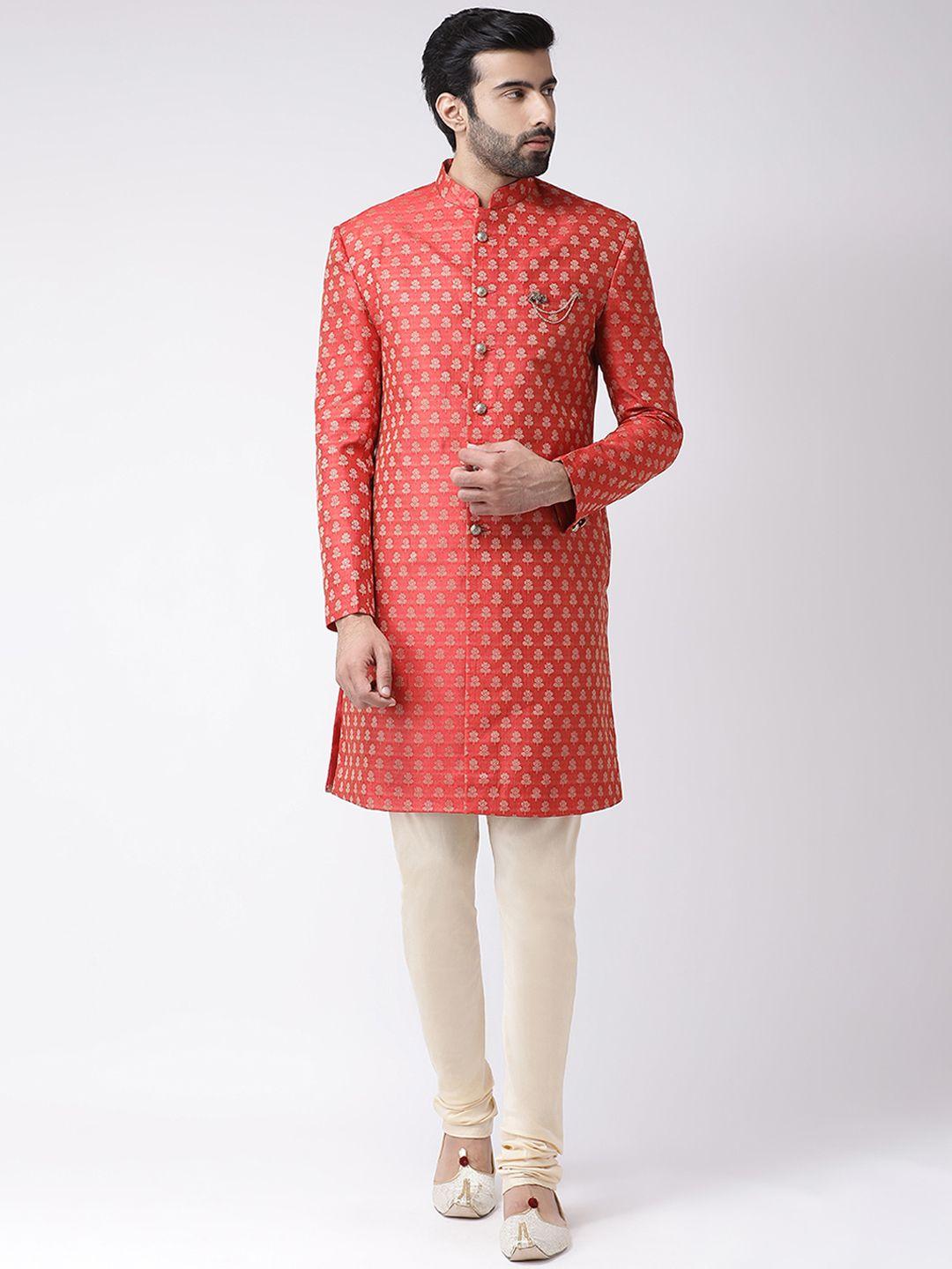 kisah men red & beige printed sherwani set