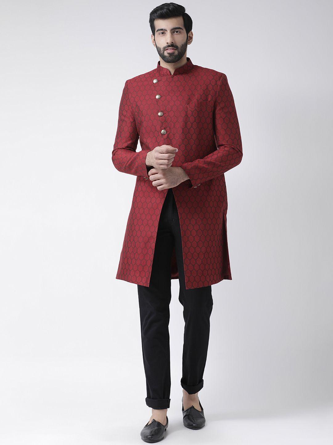 kisah men red & black woven design sherwani