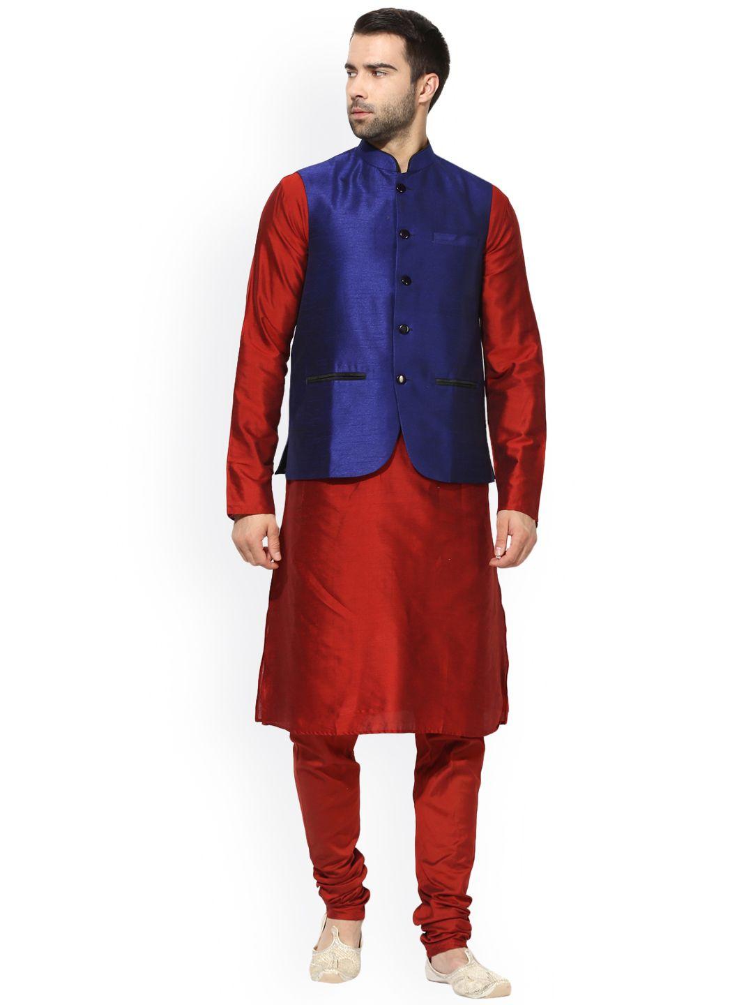 kisah men red & navy blue self design kurta waistcoat with churidar