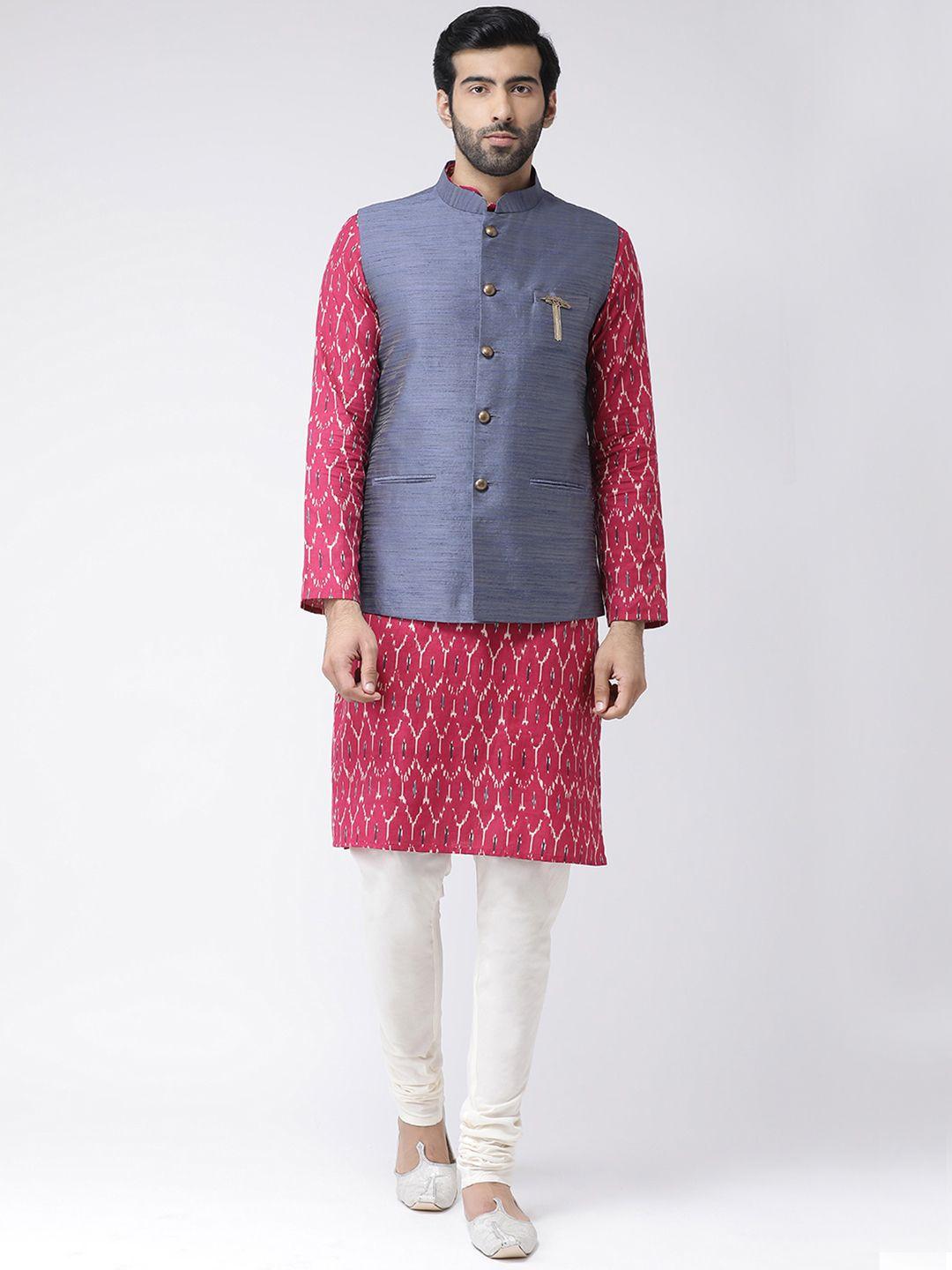 kisah men red & white printed kurta set & jacket