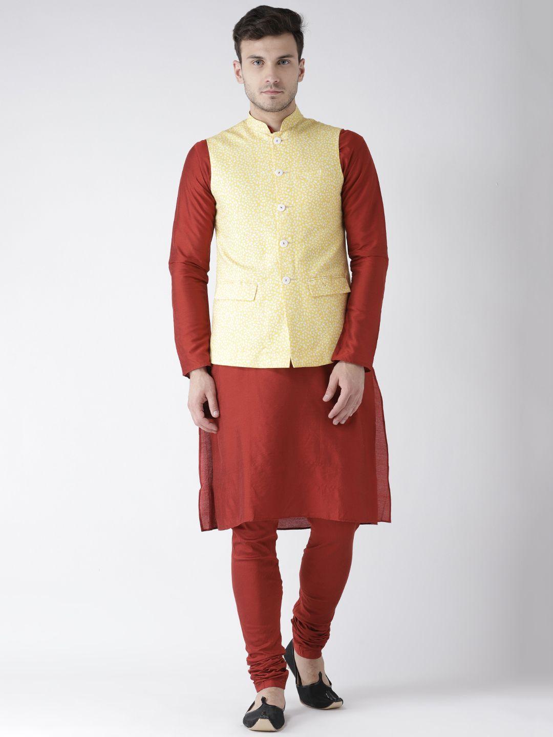 kisah men red & yellow printed kurta with churidar & nehru jacket