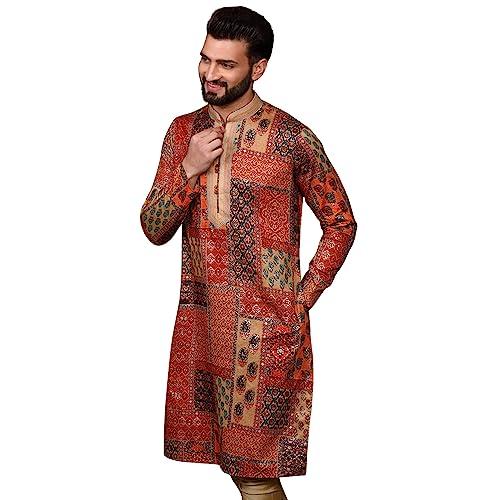 kisah men red kurta, cotton, full sleaves, knee length, straight, regular fit, mandarin collar ethnic wear