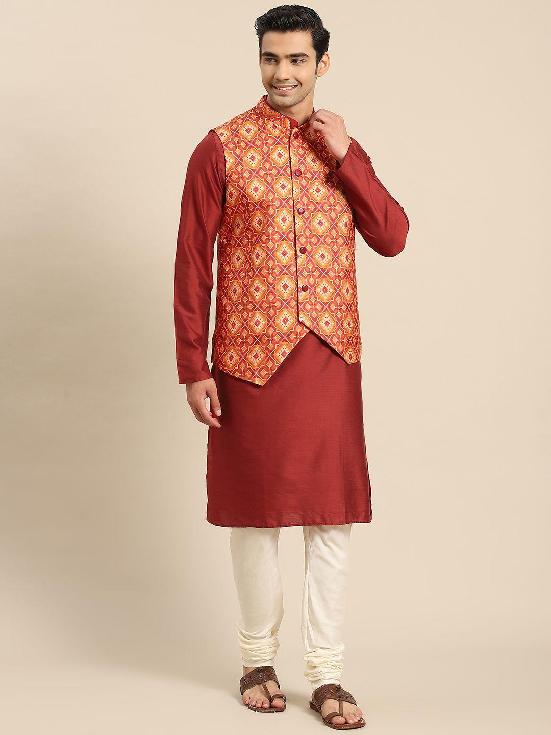 kisah men red kurta with churidar & nehru jacket