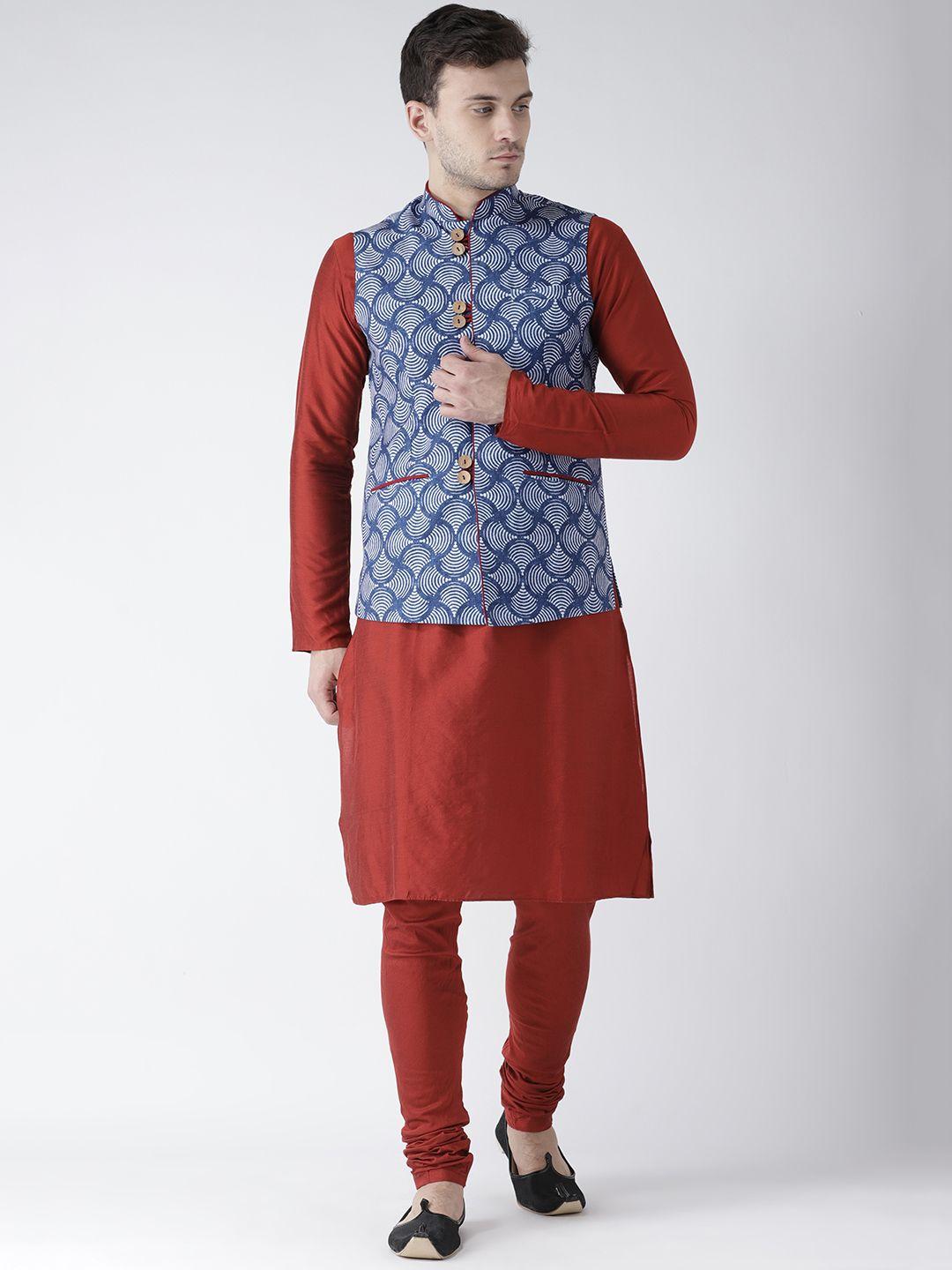 kisah men red solid kurta with churidar & nehru jacket