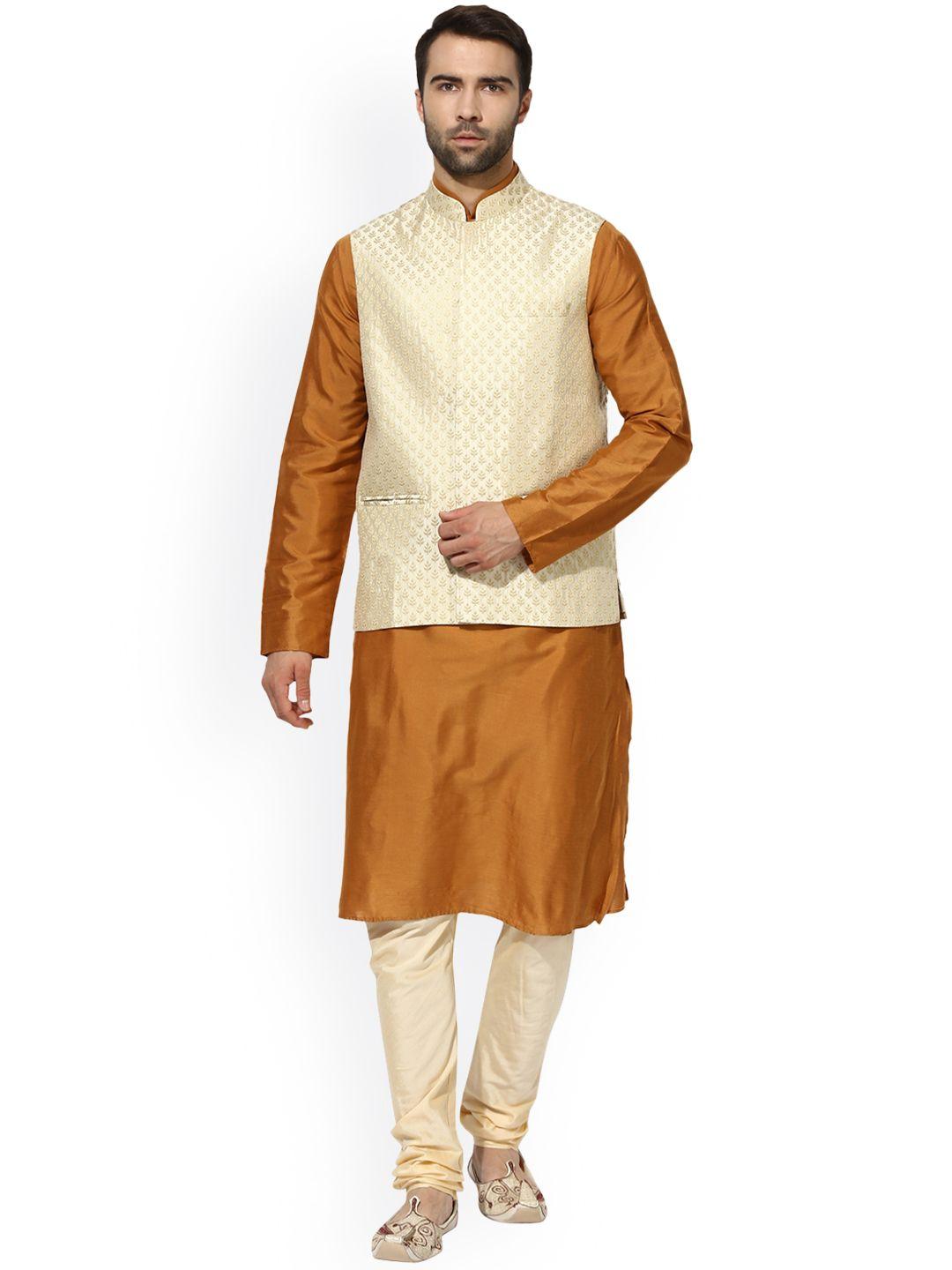 kisah men rust brown & beige solid kurta with churidar & waistcoat