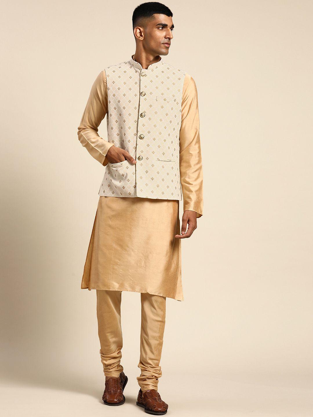 kisah men solid golden kurta with churidar & nehru jacket