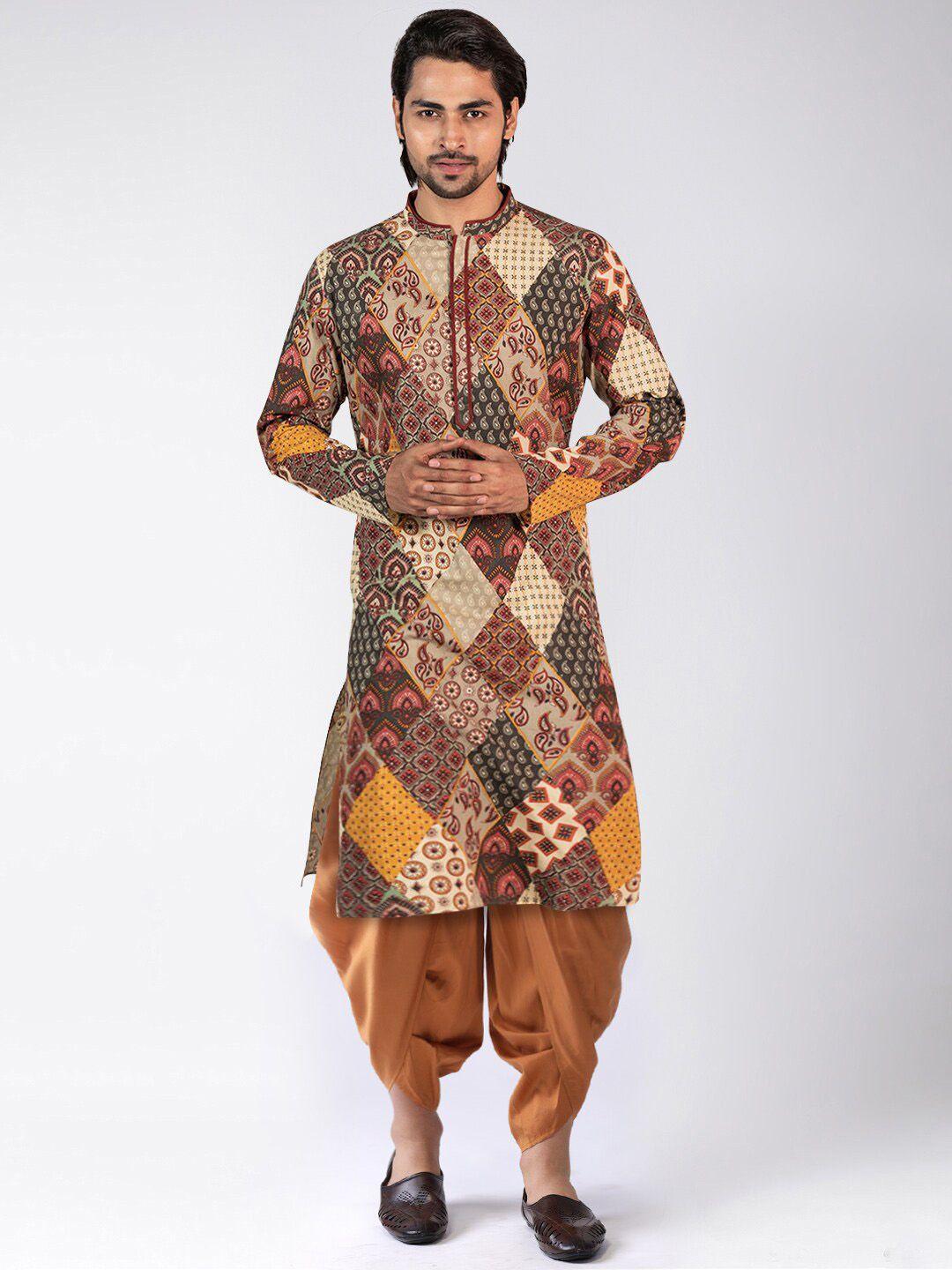 kisah men tan ethnic motifs printed regular kurta with dhoti pants