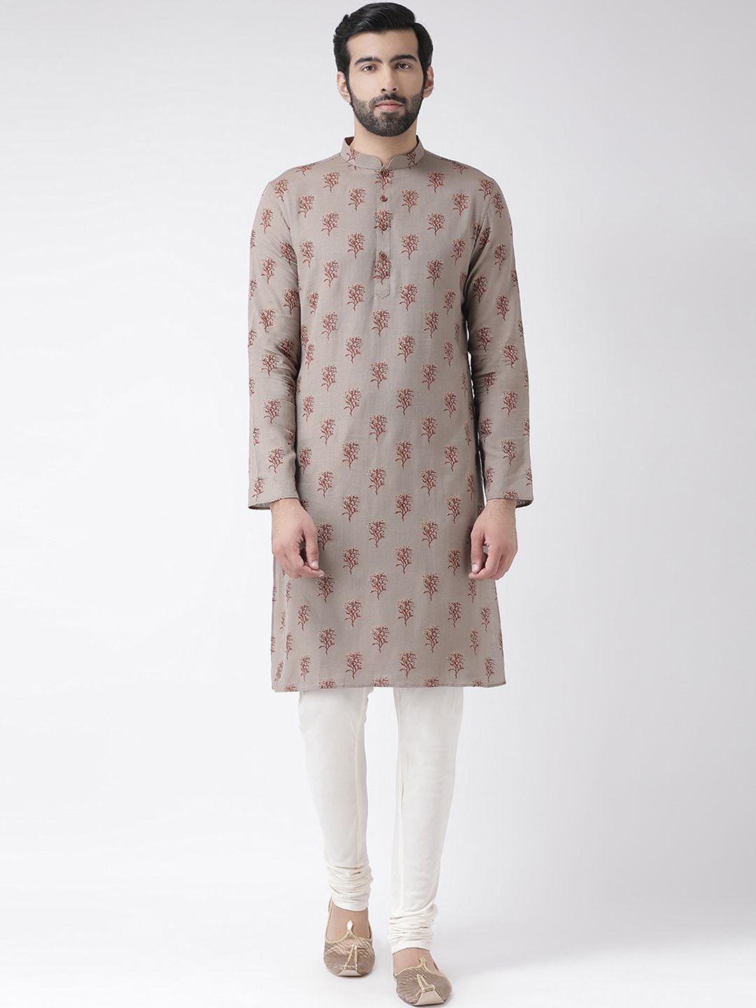 kisah men taupe & white printed kurta with churidar