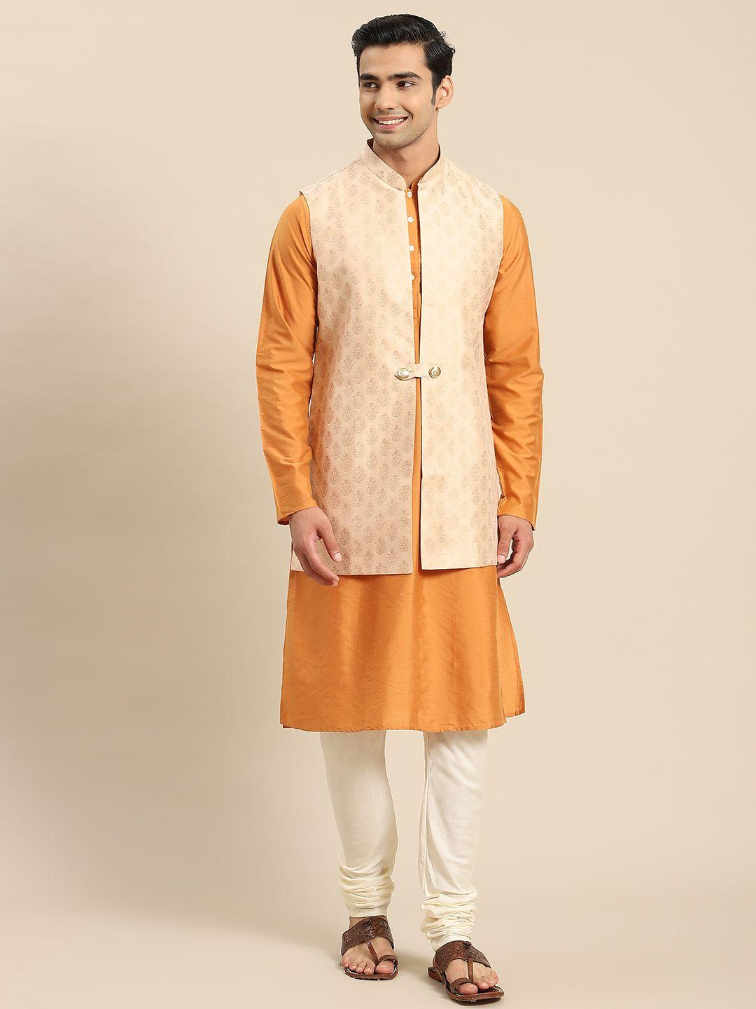 kisah men taupe kurta with churidar & nehru jacket