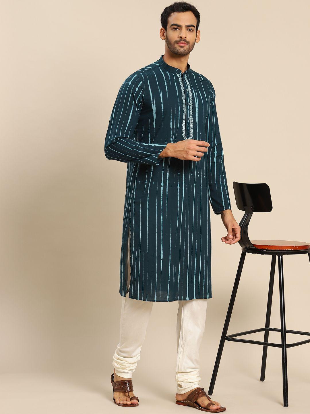 kisah men teal dyed thread work kurta with churidar