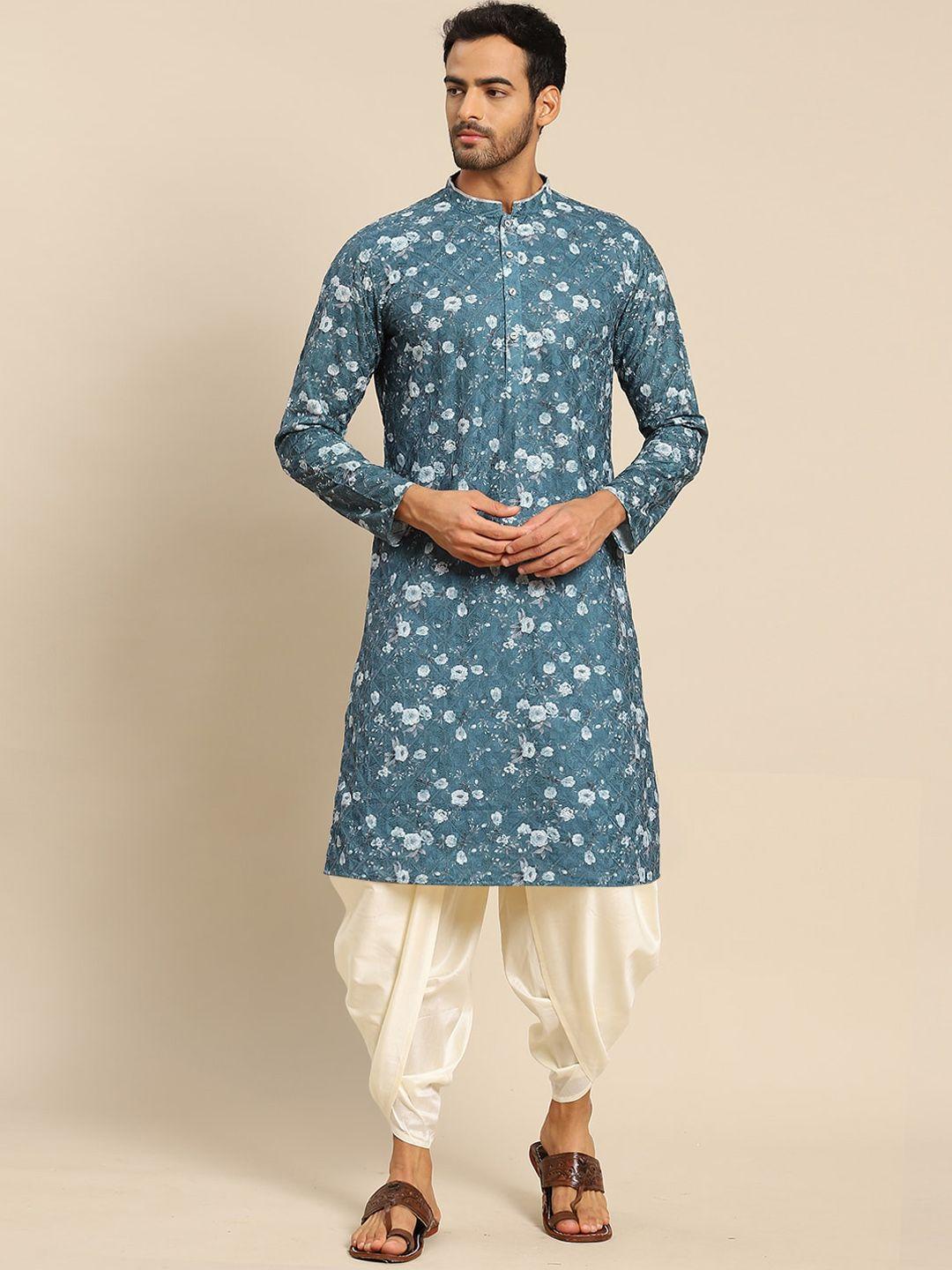 kisah men turquoise blue printed angrakha kurta with dhoti pants
