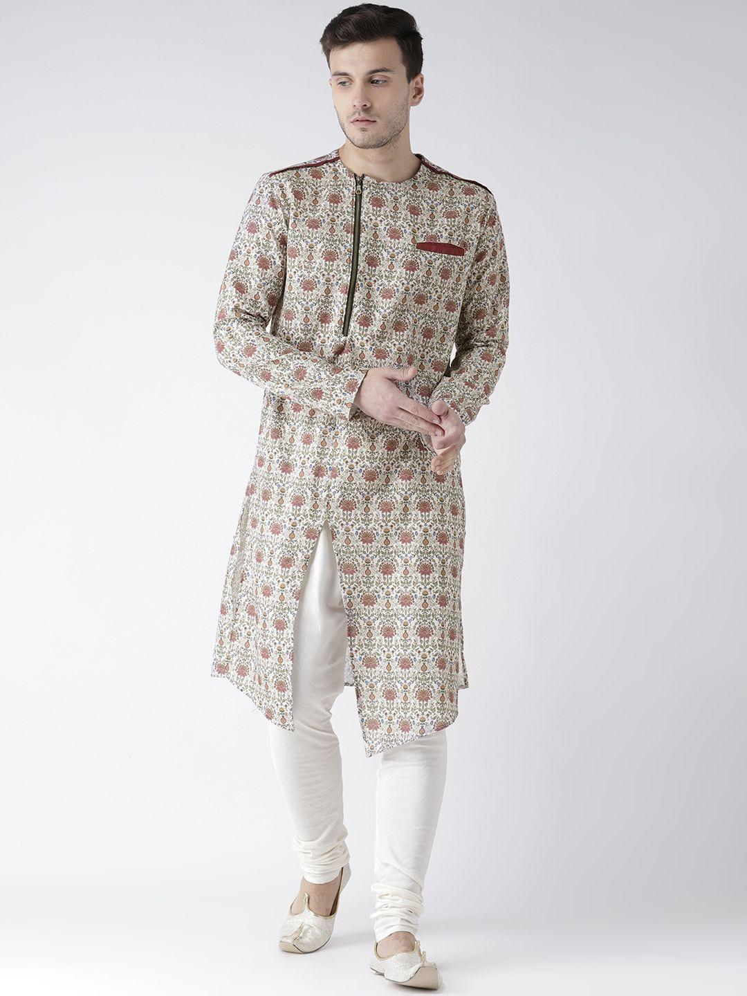 kisah men white & beige printed straight kurta