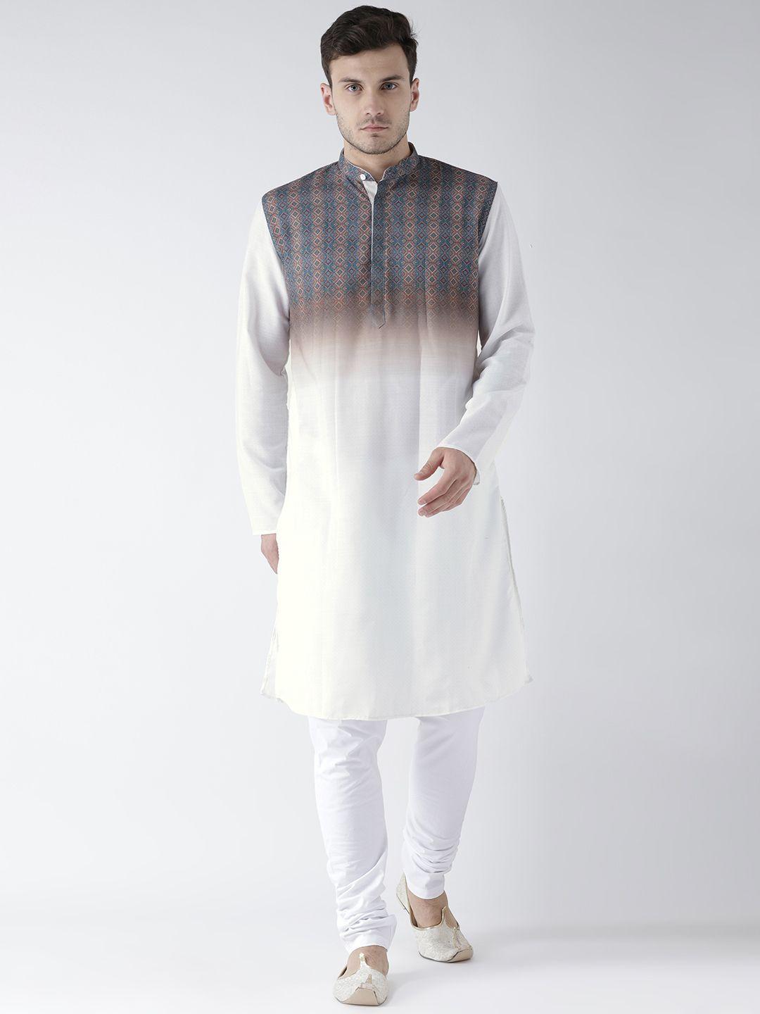 kisah men white & brown printed straight kurta