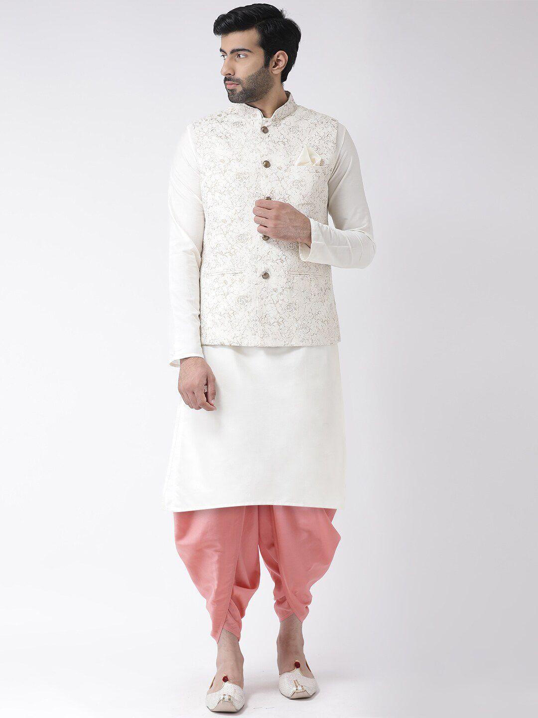 kisah men white & peach solid straight kurta with dhoti pants & with printed nehru jacket