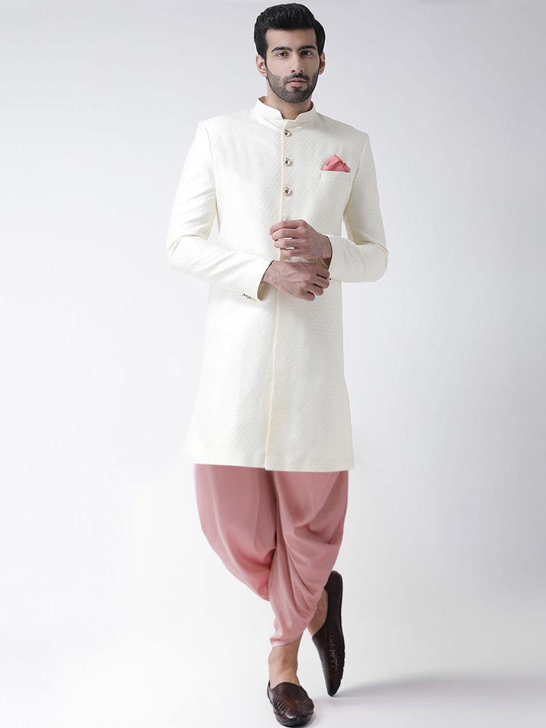 kisah men white & pink cotton sherwani set