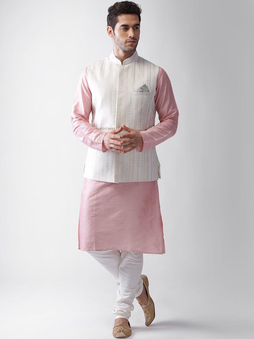 kisah men white & pink regular kurta with pyjamas
