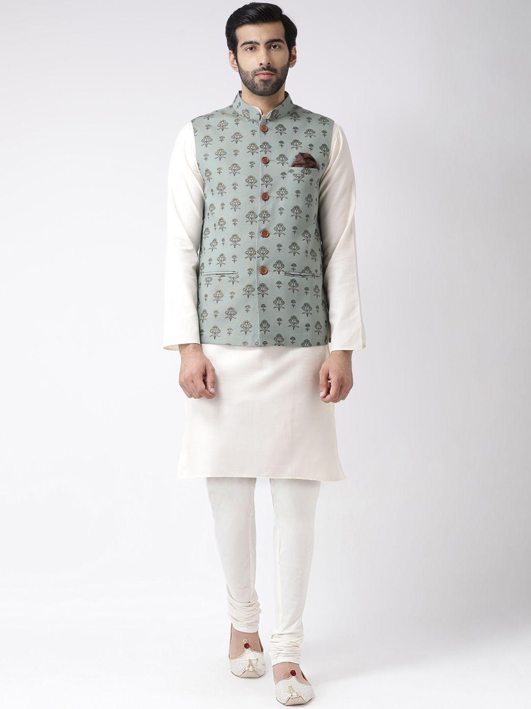 kisah men white & sea green printed kurta & churidar with nehru jacket set